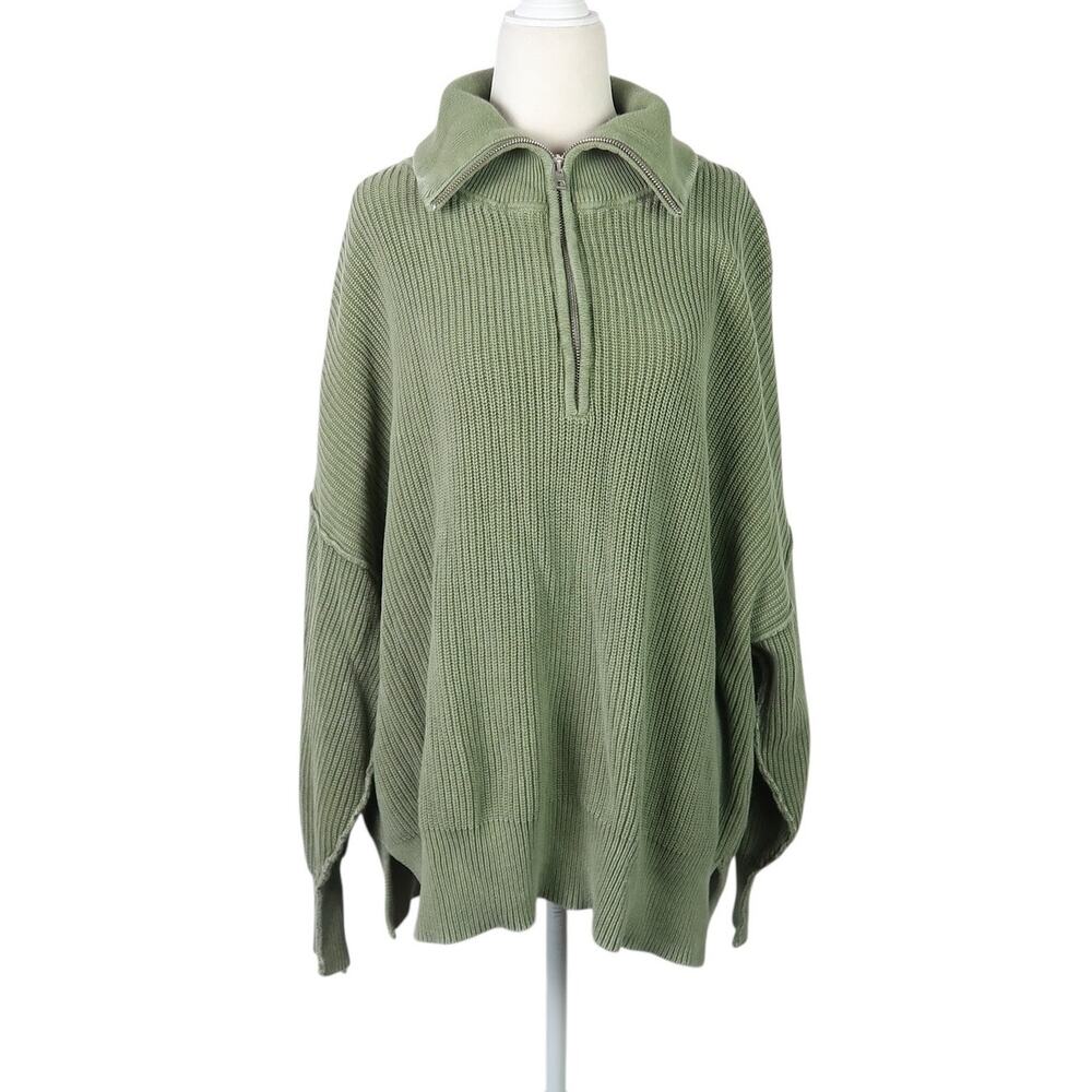 Aerie Beyond Quarter Zip Olive Green Cotton Knit Pullover Sweater S